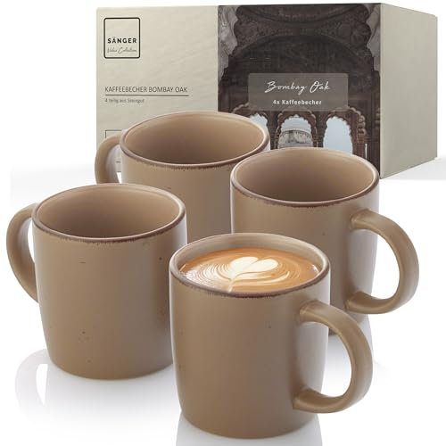 SÄNGER Bombay Oak | Kaffeebecher 4 teilig, Steingut Tassen Set für 4 Personen, Tassen, spülmaschinen- mikrowellenfest, Coffee Mug Teetasse, Kaffeetassen braun 360 ml | VALUE COLLECTION