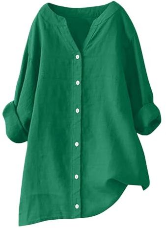 RLEHJN Tunique Femme Longue Chic Chemisier en Coton Et Lin À Manches Longues pour Femmes Col V Boutonné Top Chemise Longue Ample De Couleur Unie en Lin Tee Shirts Décontracté Lâche Respirant Soldes