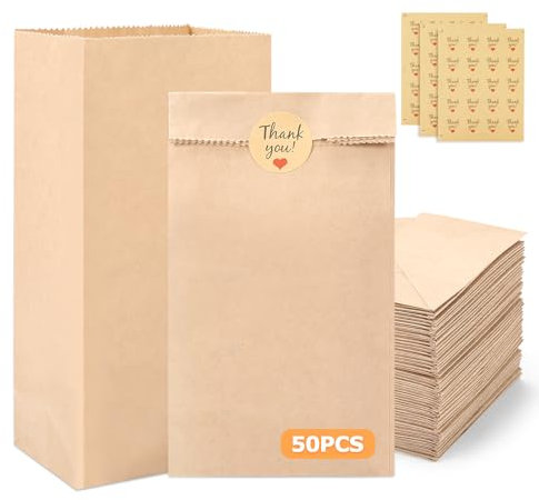 50 Stück kraftpapier tüten 9x18x5.5cm papiertüten klein mit 50 Aufkleber Butterbrottüten DIY Süßigkeiten Beutel Mitgebsel Tüten für Ramadan Kalender Ostern Hochzeit Geburtstag(50)