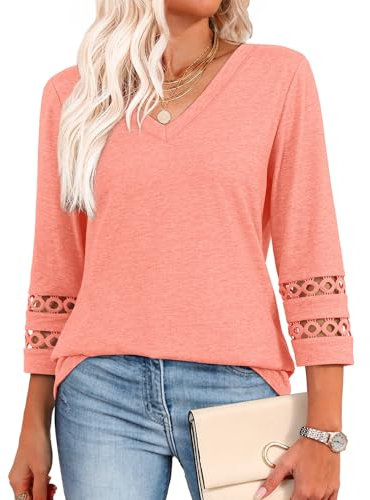 Aokosor Womens Tops 3/4 Length Sleeve Blouses Ladies V Neck T Shirts for Women UK Loose Casual Fit Size 14-16 Coral