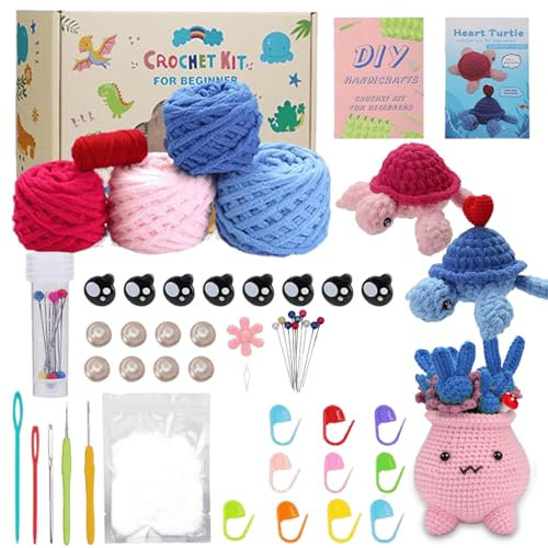 GOMETY Schildkröte Strickset Für Erwachsene, Häkeln Für Anfänger Häkelset, DIY Set Erwachsene, Stricken Tiere Häkelset Für Kinder Geschenk, Crochet Set Mit Video Anleitung Häkelnadel Garnbälle