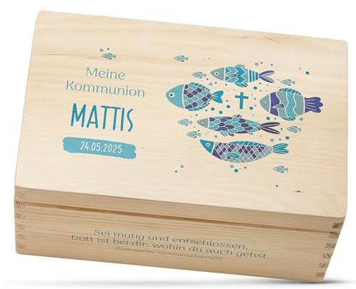 Amari® Personalisierte Holzkiste (Glaubensfsch) | Erinnerungsbox aus Holz zur Taufe, Kommunion, Konfirmation, Firmung, Ostern | Geschenk für Mädchen & Jungen