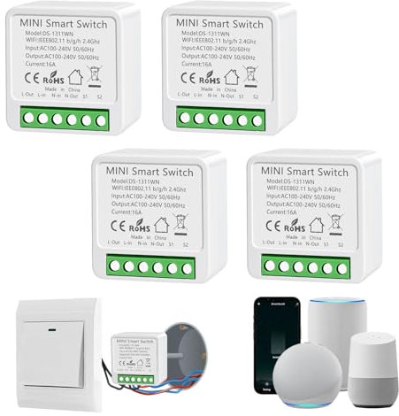 Interruptor WiFi Smart Life, 16A Relé Interruptor Inteligente Wi-Fi & Bluetooth, 2.4g Smart Light Switch Compatible con Asistente de Voz y Tuya, Smart Switch Alexa, Requiere Cable Neutro (4 piezas)
