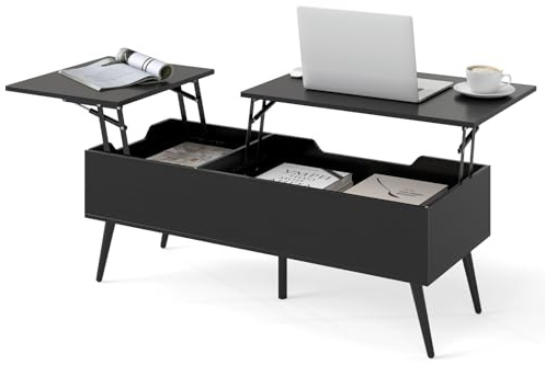 COSTWAY Couchtisch höhenverstellbar, Wohnzimmertisch mit anhebbarer Tischplatte & 2 versteckten Ablagefächern, Beistelltisch Holz, Sofatisch für Wohnzimmer, Büro, 111 x 48 x 40-53,5 cm (Schwarz)