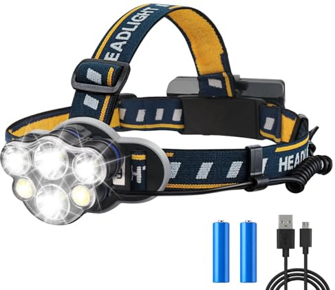 EXTRASTAR Rechargeable LED Headlight, 90° Adjustable Headlamp with 6 Lights 8 Modes for Running, Cycling, Camping, Fishing & Emergency Use