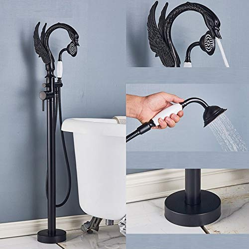 BOSHYUM Robinet de Baignoire à Montage au Sol Swan, Grue de Salle de Bain sur Pied, mitigeur de Bain-Douche Noir, Robinet de Salle de Bain