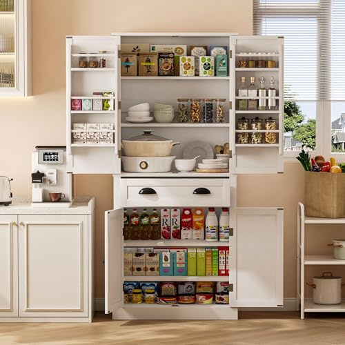 Huayz 182cm Küchenschrank hoch,mit 4 Türen und 1 Schublade,6 Staufächer und 4 verstellbare Ablageflächen,Freistehender Küchenvorratsschrank für die Küche, Moderner Stil (Weiß)