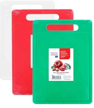 HOMESHOPA Plastic Chopping Board, 3 Pack Red/Green/White BPA Free Kitchen Cutting Board, Non Slip Surface, Easy-Grip Handles, Dishwasher Safety, Large Cutting Board for Fruits/Vegetables/Meats
