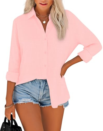 NONSAR - Blusa para mujer, manga larga, con cuello en V, elegante, informal, con botones, blusas