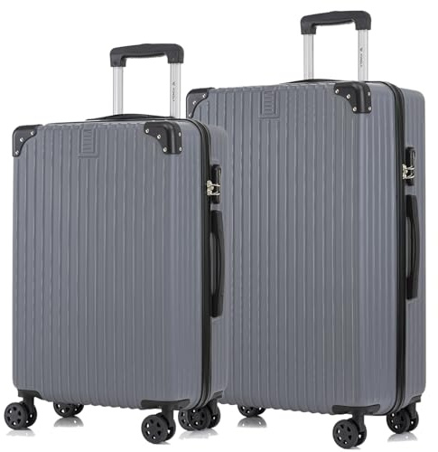 YONSLY Trolley Reisekoffer Suitcase Set, Rollkoffer Handgepäck, Kofferset, Gepäckset Hartschalenreisekoffer mit 4 Rollen 360°, Zahlenschloss, Weicher Gummigriff (2er Set, L&XL, Grau)
