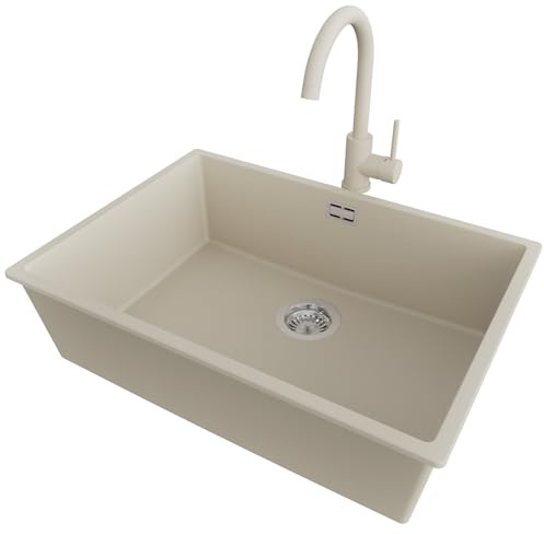 PRIMAGRAN Unterbauspüle Granit Beige 66x47cm, Spülbecken 1 Becken + Küchenarmatur 32x20cm + Ablauf-Set, Granitspüle ab 70er Unterschrank - London