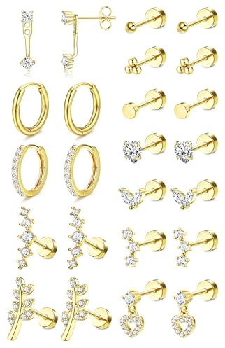 MILACOLATO 12 Paar Helix Piercings Chirurgenstahl Ohrringe Piercing Ohr | Ohrringe Gold Wasserfest Flatback Ohrstecker Hypoallergen Klein Huggie Creolen Knorpel Rook Tragus Conch Piercing Ohr Schmuck