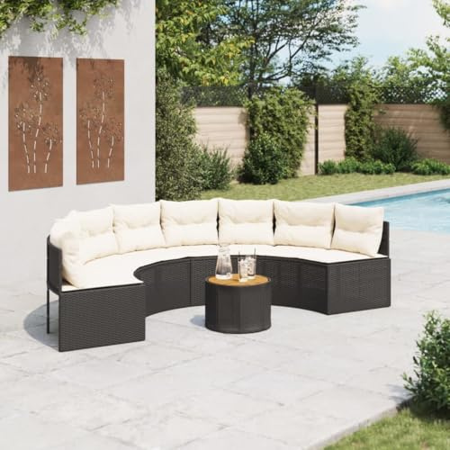 Runheo Halbrundes Gartensofa-Set mit Tisch, Schwarz, Poly-Rattan, UV-beständig, 287 cm Durchmesser, inklusive Kissen, für Terrasse und Garten