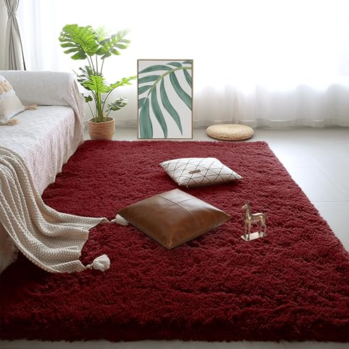 FEIJUAND Flauschiger Hochflor Teppich 110 x 120 cm rutschfest Flauschiger Weichen Teppich Waschbar Flauschig Weich Einfarbig Felloptik für Wohnzimmer, Schlafzimmer Und Terrasse, Weinrot