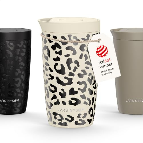 LARS NYSØM Thermo Kaffeebecher to go 350ml | Travel Mug 0,35L isoliert | Quick-Press-Trinkdeckel | Auslaufsicherer Edelstahl Thermobecher für Kaffee und Tee unterwegs (Beige/Leopard/Black, 350ml)