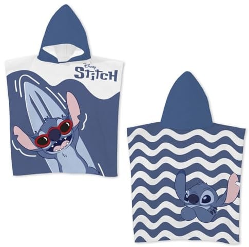 Aymax Disney Lilo & Stitch Kinder Badeponcho 55×110 cm – Mikrofaser Poncho-Badetuch mit Kapuze, schnelltrocknend & leicht – Strandponcho/Poolponcho für Kinder – 100% Polyester