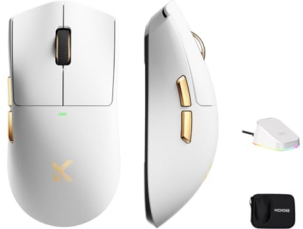 MCHOSE K7 Ultra Kabellose Gaming-Maus, RGB-Magnetladestation, 42.000 DPI, PAW3950-Sensor, Dual 8K Polling, Leichtgewicht (59 g), Kabellos (BT/2,4 GHz/Kabelgebunden), 500-mAh-Akku, PC/Mac, Weiß-Gold