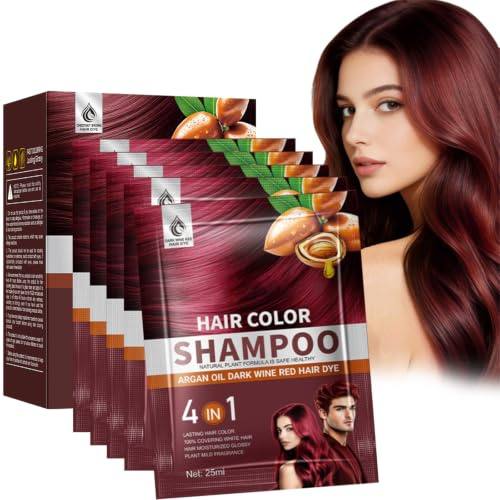 Virecose Champú Colorante Rojo Vino con Aceite de Argán, 10 Sobres x 25 ml | Hair Dye Shampoo 4 en 1, Champu Tinte Canas, Champú de Color Tinte Pelo, Pelo instantáneo para Mujer Hombre