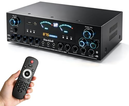 Amplificador Estéreo Bluetooth 5.1 HiFi con Mando a Distancia | Amplificador de Audio con Reproducción USB, Entrada de Audio, Conexión para Subwoofer Activo y Pasivo, Amplificador de Cine