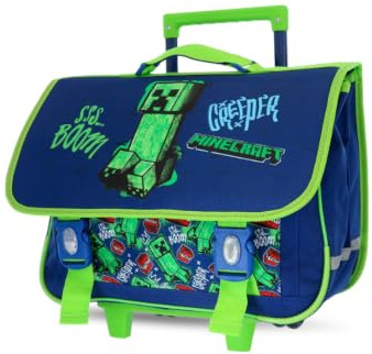 mybagstory | Cartable à roulettes Minecraft | 2 Compartiments | Vert | Cartable trolley scolaire Creeper Boom 41cm avec bandes réfléchissantes idéal pour les élèves de primaire.