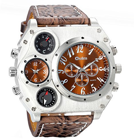 Avaner Herren Uhr Analog Japanisches Quarzwerk mit Leder Armband 2 Zeitzonen Großes Zifferblatt Braun Avaner01P-48