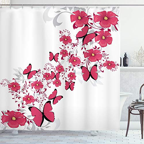 ABAKUHAUS Pink und Weiß Duschvorhang, Blume Schmetterling, Stoffliches Gewebe Badezimmerdekorationsset mit Haken, 175 x 180 cm, Dunkler Coral Pale Grau