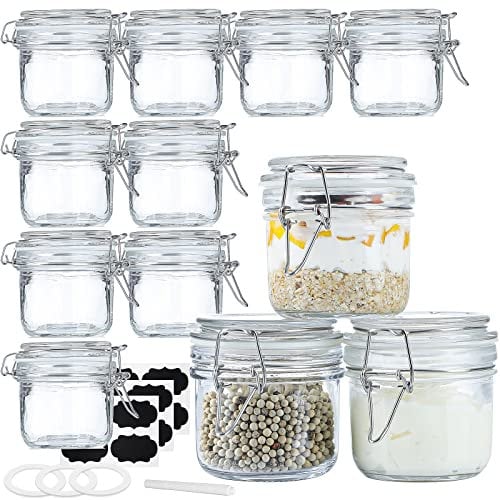 Folinstall Lot de 12 petits bocaux en verre de 200 ml avec couvercles hermétiques avec couvercles à charnière pour le rangement de la cuisine, la mise en conserve et le garde-manger, comprend 3 joints