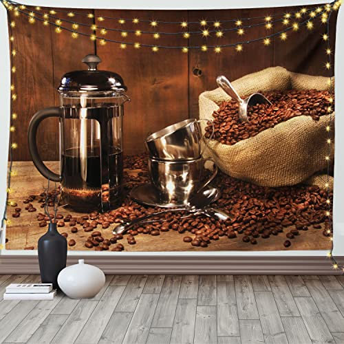 ABAKUHAUS Kaffee Wandteppich und Tagesdecke, Französisch Presse Cups und Bohnen aus Weiches Mikrofaser Stoff Waschbar ohne Verblassen Digitaldruck, 230 x 140 cm, Braun Kaffee