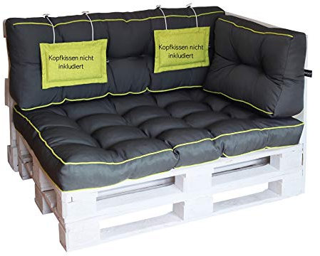 LILENO HOME Palettenkissen Set Anthrazit u. Grün - Set 3: (1x Sitzteil + 1x Rückenteil + 1x Seitenteil) - Polster für Europaletten - Palettenkissen Outdoor als Sitzkissen für Palettenmöbel