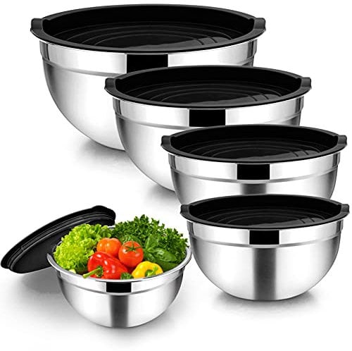 Homikit Stainless Steel Mixing Bowls with Airtight Lids, 5 Piece Nesting Salad Bowls for Space-Saving Storage, Metal Serving Bowl for Kitchen Baking/Cooking/Prepping, Size 14/16/18/22/26cm