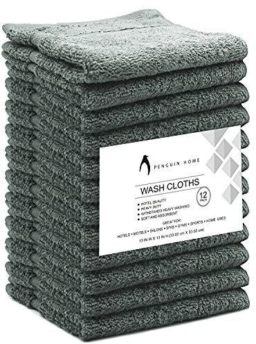 Penguin Home 100% Baumwolle Frottee-Gesichtstuch - Maschinenwaschbar, Dicker und Plüsch Waschlappen, Luxus Spa- oder Badezimmer-Handtuch, Weiß, 33 x 33 cm, 12er Pack, 3887, Grau