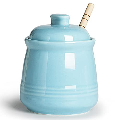 LEETOYI Porcelain Honey Jar with Lid and Honey Stick,Ceramic Honey pot,12oz (Turquoise)
