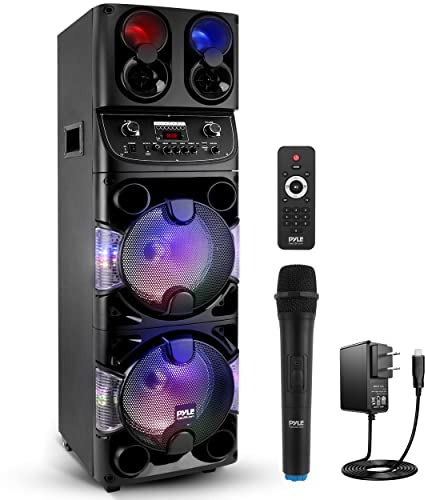 Pyle Portable Bluetooth PA Speaker - 600W Dual 10” Rechargeable Indoor/Outdoor BT Karaoke Audio System -LED Display, FM/AUX/MP3/USB/SD, 1/4 in, Handle, Wheels -Wireless Mic, Remote Control
