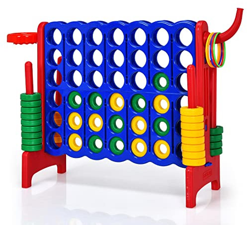 COSTWAY Giant Connect 4, 3-in-1 Indoor Outdoor Family Game with Basketball Hoop, Ring Toss, 42 Jumbo Rings, Quick-Release Slider, Four in A Row Game Set for Kids Adult (Red)
