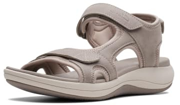 Clarks Women's Mira Bay Flat Sandal, Stone Textile, 8 Wide US