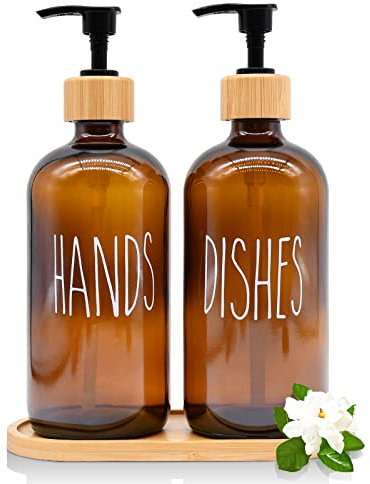 Kitchen Hand and Dish Soap Dispenser Set, 16 oz Glass Liquid Soap Dispenser with Wooden Tray for Kitchen Sink Decor, Bathroom Hand Wash, Refillable Glass Soap Dispenser Bottle with Pump. (Brown)