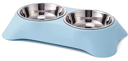 Arightmu Double Non-Slip Dog Pet Bowl Double Stainless Steel Food and Water Bowls for Dogs and Cats Raised Puppy Food and Water Bowls Non-Slip Pet Bowl (Blue-Small)
