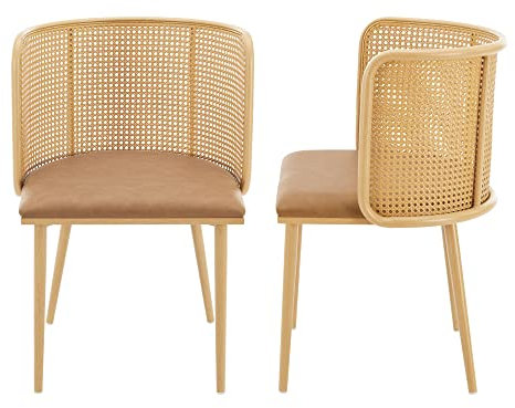 [en.casa] Lot de 2 Chaises de Salle à Manger Cuisine Design Siège Simili Dossier Rotin Pieds en Métal 75 x 52 x 49 cm Marron Effet Bois