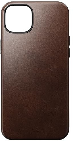 Nomad Modern Leather Case for iPhone 15 Plus Case Horween Leather Compatible with MagSafe Wireless Charging Case, 360° Raised Edges TPE Bumper & Drop Protection - Rustic Brown