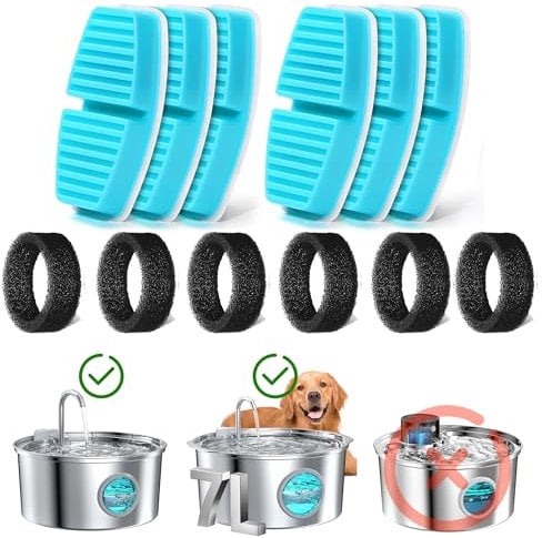 FOFNON 12 Filtres de Fontaine a Eau Chat, 6 Filtres + 6 Éponges de Distributeur Eau Chat, Cheveux Filtrants (Éponges), Triple Filtration (Filtres), Convient pour “B0CL4WMX6Z” & ”B0CLGPCNHN”
