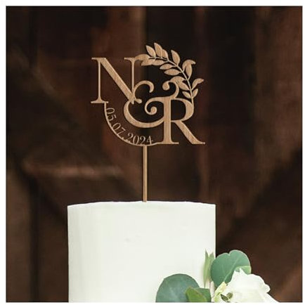 Wooden Wedding or Engagement Cake Topper with a Date and Initials Anniversary Personalised Custom Engagement Wood Decor Bridal Shower