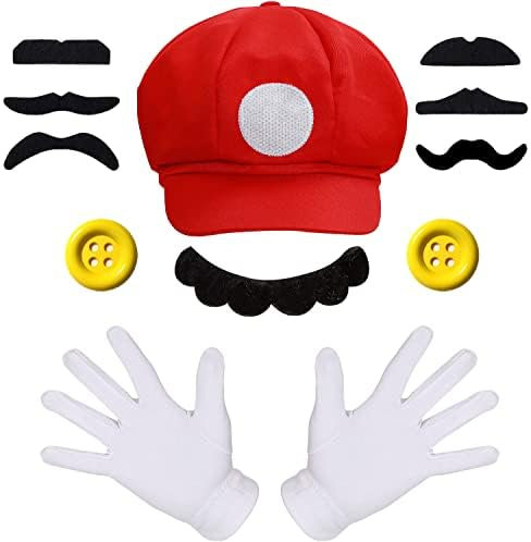 iZoeL Mario und Lui gi Kostüm Accessories Mütze Hut Handschuhe Bart gelbe Knöpfe Faschingkostüme für Fasching Karneval Halloween Cosplay Mottoparty Kostüm für Kinder Damen Herren