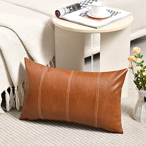 Fancy Homi Dekorativer Boho-Kissenbezug aus Kunstleder, für Wohnzimmer, Couch, Bett, Sofa, handgenäht, rechteckig, 40 x 60 cm, rustikal, modern, Bauernhaus, Heimdekoration, Braun