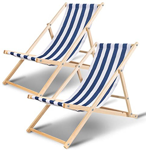 Ansobea 2er Set Liegestuhl klappbar Holz,Gartenliege Klappbar 120kg max,Verstellbar Liegestuhl Garten wetterfest Sonnenliege Holz Relaxliege Garten für Camping Balkon Pool,Blaue und weiße