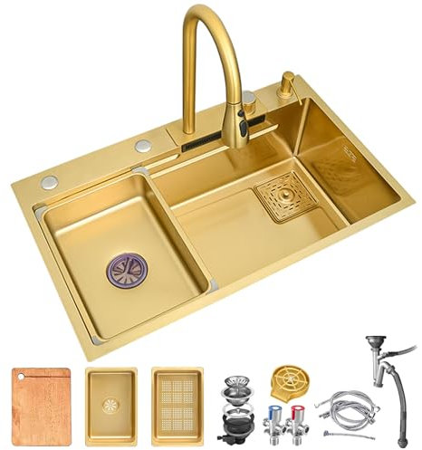 DSMRLEOP Fregadero de cascada dorada, fregadero de cocina multifuncional 304 fregadero de acero inoxidable, fregadero con grifo multifuncional dorado y otros accesorios (Color : Gold, S : 80x45cm)
