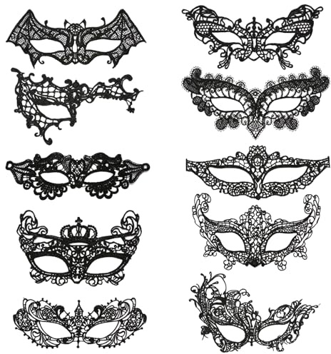 10 Pcs Black Masquerade Masks Set for Women Fancy Dress Set, Half Face Lace Eye Mask for Carnivals Proms & 1920s-Themed Parties, Elegant Venetian Masks, Valentines Day Gift for Lover