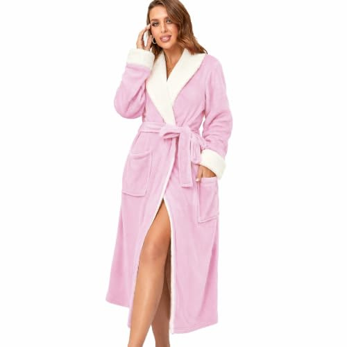 RONGTAI Peignoir en Polaire pour Femme, Peignoir Long avec Deux Poches latérales et Ceinture, Chemise de Nuit Chaude et Confortable