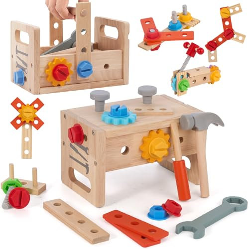 Hawthyhome Werkzeugkoffer, Kinder Holzspielzeug Werkzeugkasten, Spielzeug Lernspiele, Werkzeugkoffer Kinder ab 3 Jahre