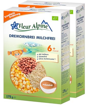 FLEUR ALPINE Bio 3-Korn-Getreidebrei milchfrei - Babybrei für köstliches Frühstück, Nahrhafter & einfach zuzubereitender glutenfreier Brei, Babynahrung nach dem 6+ Monate ohne Zuckerzusatz, 2x7 Port.