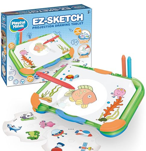 Playful Minds EZ Sketch Projector Drawing Tablet, 24 Piece – Trace and Color Light Up Projection for Tracing and Sketching – Includes 64 Traceable Cartoon Characters, 6 Markers
